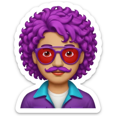 purple haired, curly big haired mexican boy with red sunglassess, vrey cool and lipstick and mstache sticker