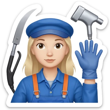 Russian factory worker gender neutral in blue overalls with gloves industrial background sticker