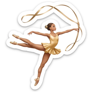 A graceful rhythmic gymnast performing with a flowing ribbon, executing an elegant leap mid-air. The pose exudes flexibility, balance, and artistry. The background suggests a competition arena with soft lighting, emphasizing movement, precision, and the beauty of the sport. sticker