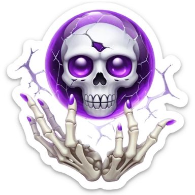 A Discord emoji of a floating, cracked purple crystal orb held by skeletal fingers. Void magic theme, vibrant glow, sharp detail, white background. sticker