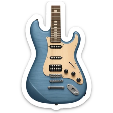 A gray-blue electric guitar with a black pick guard and only one volume knob  sticker