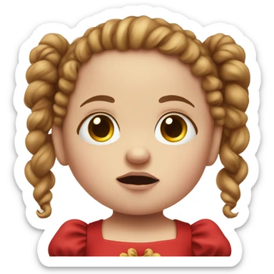 crying sad pale baby doll with red dress and curly brown pigtails sticker