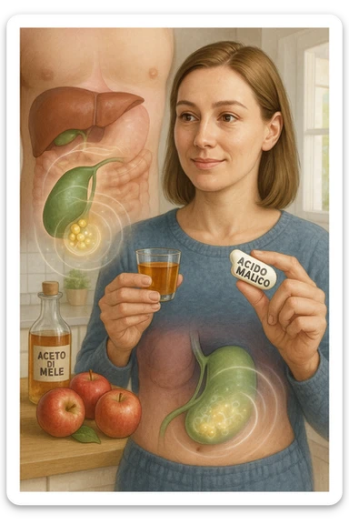 A detailed, realistic illustration or photo-style image showing a person holding a small glass of apple cider vinegar in one hand and a capsule labeled ‘Acido Malico’ in the other. In the foreground or as an overlay, a semi-transparent anatomical view of the abdomen highlights the gallbladder with visible small gallstones inside. Around the gallstones, gentle glowing waves or soft dissolving effects symbolize the softening or breakdown of the stones due to the natural acids. The person looks hopeful and calm, in a bright kitchen setting with fresh apples and natural health products on the counter. The overall mood is informative, natural, and hopeful about non-invasive, natural support for gallstone health in italiano sticker