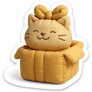cat inside a gift box with a ribbon on head, smiling, cushion style sticker