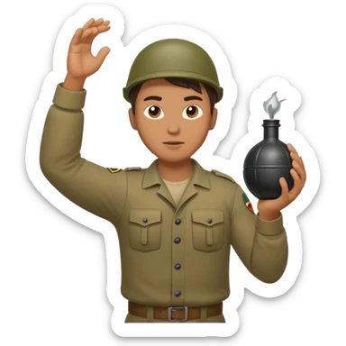 Guy in throwing stance.  One hand on grenade and one hand holding the pin sticker