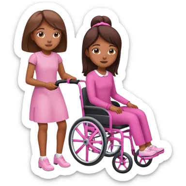 One tan skin sister pushing her brown skin sister in a pink wheelchair sticker