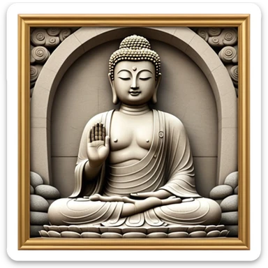 Cinematic Realistic image of the Big Buddha Monument of Sinheungsa Temple, portrayed as a towering, serene Buddha statue carved from weathered stone with intricate details and a gentle meditative expression, set within an ancient temple landscape enveloped in soft, ethereal lighting that underscores its spiritual majesty. sticker