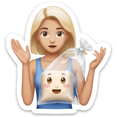 Girl shrugging holding a clear plastic bag with white powder sticker