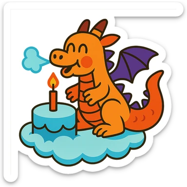 happy dragon blowing out 1 candle on cloud cake, vibrant-toon style sticker