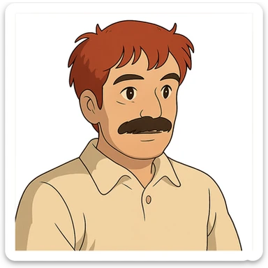 Asian man with black mustache and red hair, ghibli style sticker