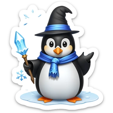 penguin wizard casting an ice spell with snowflakes and frost sticker
