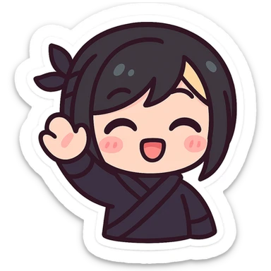 Kawaii chibi ninja girl with black short hair and a blonde streak, only head and arms, super cute, big sparkling eyes, rounder face, smaller mouth, extra soft colors, colorful chibi style, bold outlines, no mask, hand fully raised, waving, eyes closed in a happy expression, sized for Twitch emoji use. sticker