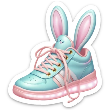 Cute Kawaii Shoe, small and bouncy, soft pastel sneakers with glowing highlights, cute sparkling eyes, a happy cheerful expression, laces tied like bunny ears! sticker