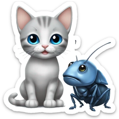 blue eyes grey kitten and cockroach friends sticker