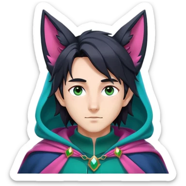 anime man with long-straight-dark-black-gradient hair, long black fox ears with pink Scapha, hazel-gradient-brown-turquoise eyes, gold earring, dark-blue-sweater, green cape,  sticker