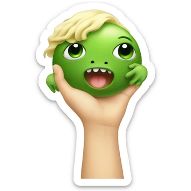Little blonde baby holding hands with a big green one eyed monster sticker