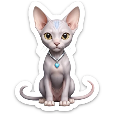 A 3D cartoon silver-gray Sphynx cat with smooth skin, gentle expression, elegant pastel lighting, cinematic Memoji rendering. full body or half body. sticker