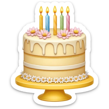  beige and white vanilla birthday cake with flowers, on a yellow cake stand sticker
