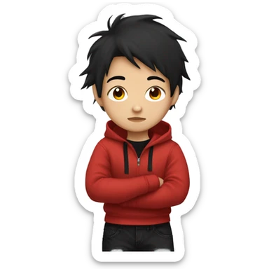Asian boy wearing emo red hoodie and baggy black jeans with red hair very cute  sticker