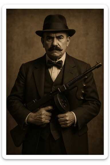 mafia boss, old-school 1920s style, bowtie, mustache, holding a tommy gun, vintage sepia background sticker