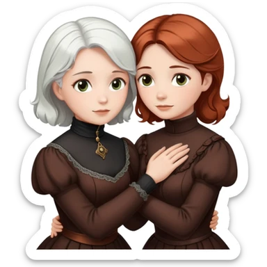 Two Victorian women with light eyes, one with white hair and one with dark copper hair, wearing Victorian turtleneck dresses, hugging each other closely sticker