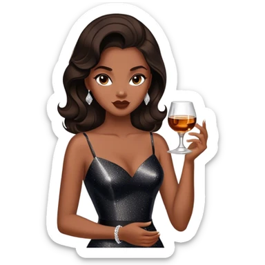 Beautiful woman in 1950’s woman fashion look, black shimmery dress, long dark brown hair, whisky with ice sticker