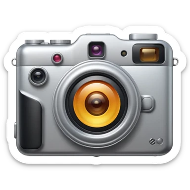 Minimal emoji icon of a modern metalic camera, front view, simple shapes, realistic lens,  sticker