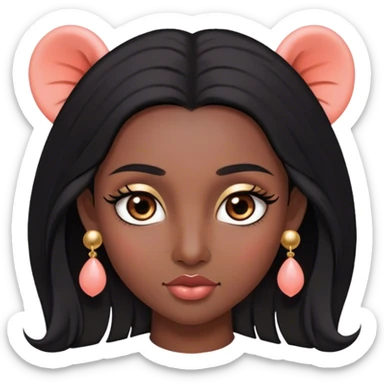 Pelo negro largo lacio hacia el frente,tes morena oscura, cejas pronunciadas, ojos grandes con pestañas largas color marrón oscuro los ojos, nariz pequeña, labios grandes con arco de cupido color coral claro, orejas pequeñas y con pantallas pequeñas de bolita color oro sticker