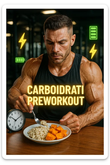 Uomo atletico seduto al tavolo poco prima di andare in palestra, mentre mangia una porzione di riso integrale e patate dolci con un’espressione consapevole e concentrata. Sullo sfondo si intravede la palestra. Sopra al piatto c’è una scritta luminosa 'Carboidrati preworkout'. Accanto a lui, un orologio indica che mancano 45 minuti all’allenamento. Il suo corpo appare pronto, i muscoli sono pieni e ben vascolarizzati, e sullo sfondo ci sono icone simboliche di energia (es. fulmini, barre di energia verdi). Atmosfera motivante e piena di vitalità. in italiano sticker