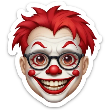 curious boy with glasses wearing juggalo clown face paint, with a huge smile showing his broken front teeth sticker