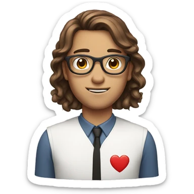 white nerd brown hair with heart hand sticker