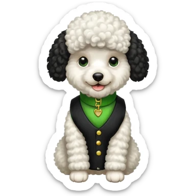 Caniche blanca con chaleco negro coN verde sticker