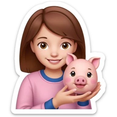 girl with brown hair holding little piggy  sticker