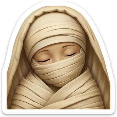 A snug, cozily wrapped mummy, fully encased in soft, slightly loose bandages, even its face gently hidden behind folds with only a tiny glimpse of sleepy eyes, nestled in warm, faded tones with gentle golden accents, simplified yet irresistibly charming, highly detailed with a soft glowing outline capturing the peaceful aura of an ancient being drifting into rest! sticker