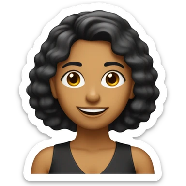 mujer de 29 años con cabello negro liso, peinado con partitura a la izquierda, nariz pequeña y respingada, con pecas, con sonrisa sticker