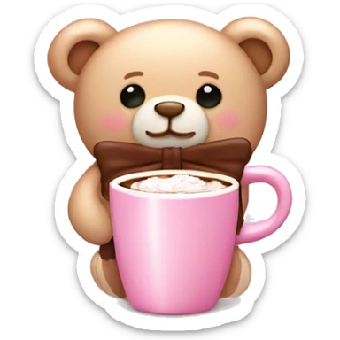 Light pink teddy bear with bow and hot chocolate sticker