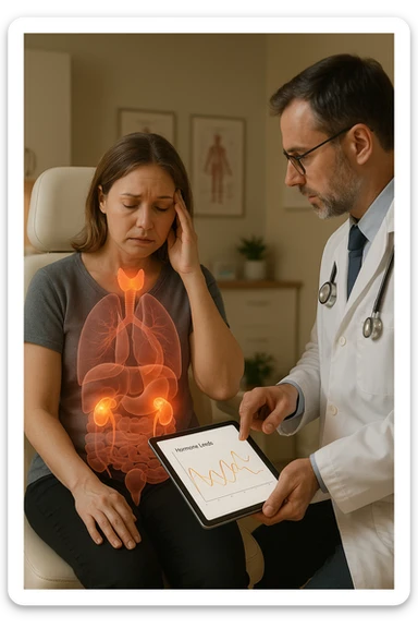 Realistic, vertical medical scene: a woman sits in a doctor’s office, looking fatigued and concerned. A semi-transparent overlay shows her internal organs, with the thyroid, ovaries, and adrenal glands glowing or pulsing in different colors to indicate hormonal imbalance. The doctor points to a digital tablet displaying fluctuating hormone levels. The mood is informative and empathetic. sticker