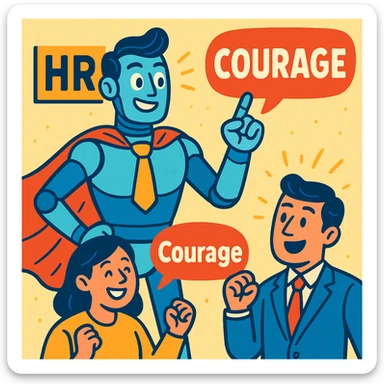 inspirierende männliche Roboterfigur mit menschlichen Zügen, die Mitarbeitende motiviert, im HR-Kontext Mut macht, freundlicher moderner Stil sticker