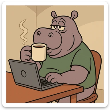 A cartoon hippo sitting at a laptop, drinking coffee, in the style of Looney Tunes. sticker