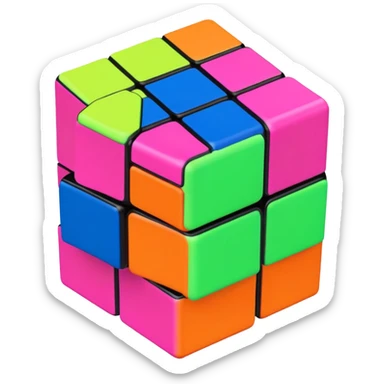 A 3x3 Rubik's Cube completely scrambled, with 90s American color palette, fluorescent orange, lime green, hot pink, electric blue, viewed from above sticker