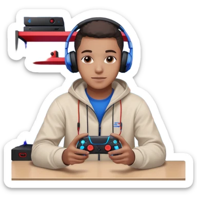 Black Muslim gamer sitting in a gaming setup with LED lights (red/blue), PS5 2025 controller in hand, confident pose, headphones around neck, posters and shelves in background, high-resolution portrait, crisp details, cinematic lighting. sticker