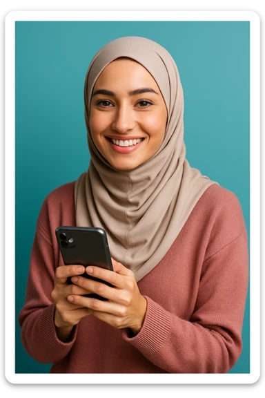 hijabi woman holding a phone, smiling at camera, friendly expression, modern style, clear facial features sticker