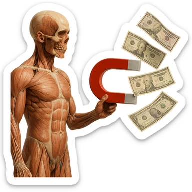 corpo umano anatomico con calamita rossa in mano che attira banconote, iperrealistica 4k, isolato su sfondo bianco sticker