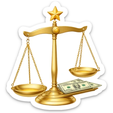A shiny gold balance scale with dollar bills on the left side and three stars on the right side sticker