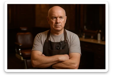 huddi shu odamni qariroq va soch soqolsiz tasvirlab ber o'zgartirib realistik qilib orqa fon sartaroshxona belidan sal pastroqqacha  sticker