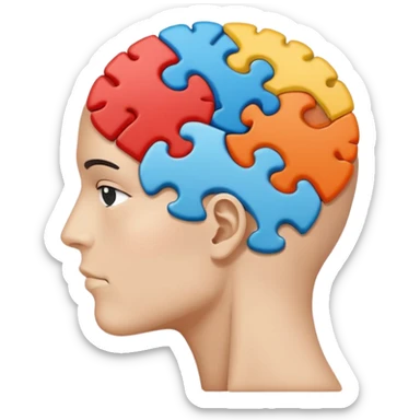 Minimalistic flat vector icon, iOS style, thin black contour on white background. Human head profile with a brain inside, split into puzzle pieces. No text, no shadows. sticker