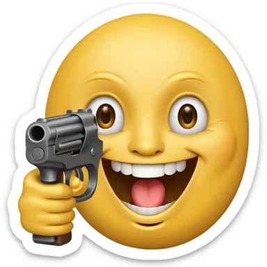 Yellow laughing face pointing gun at its own mount. The barrel of the gun is pointed towards the smile into the mouth sticker