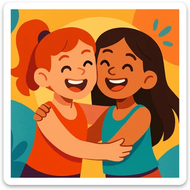 two best friends, girls in tank tops hugging, cheerful, colorful cartoon style sticker