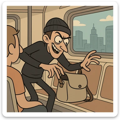 stylized cartoon of a sneaky thief reaching into someone's bag on a subway train, city background, exaggerated motion sticker