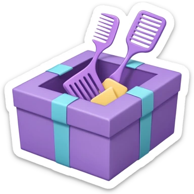 A cute emoji-style illustration of a purple gift box opened, with a comb inside the box. Soft pastel purple tones, simple shapes, rounded edges, clean lines, kawaii style, minimal details, bright and friendly expression, centered composition, transparent background, sticker emoji design sticker